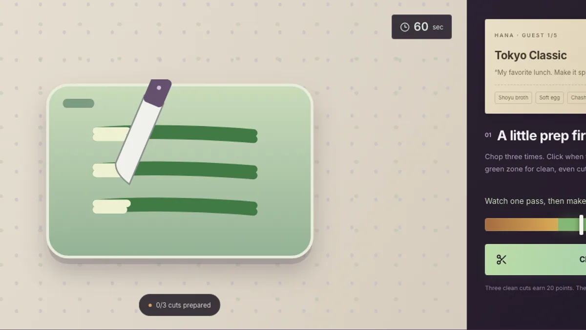 Japanese Ramen Simulator gameplay showing the ingredient preparation timing challenge