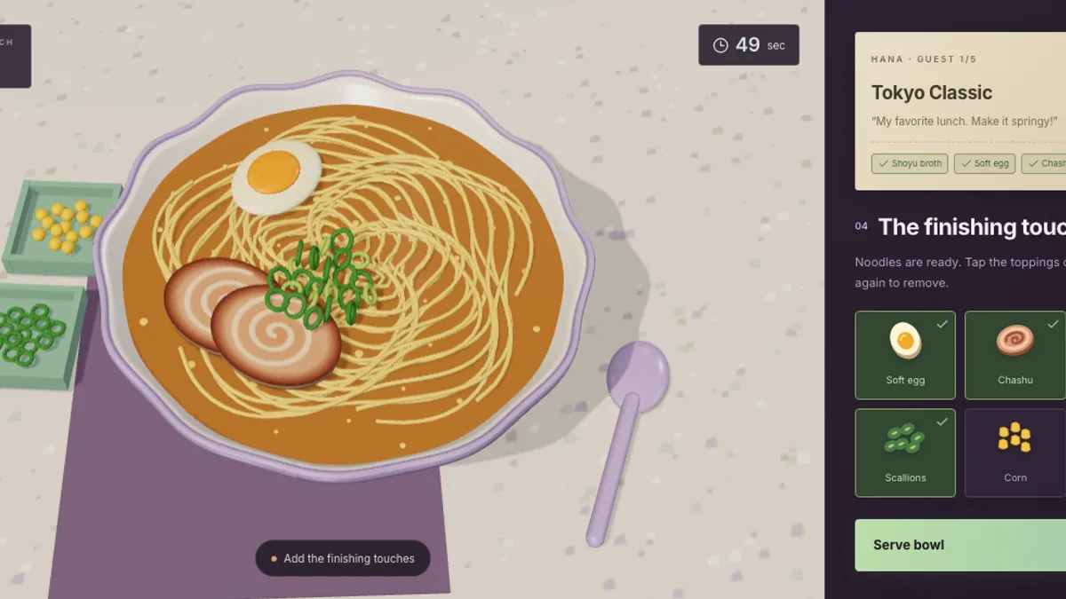 Japanese Ramen Simulator topping selection with a customer order ticket