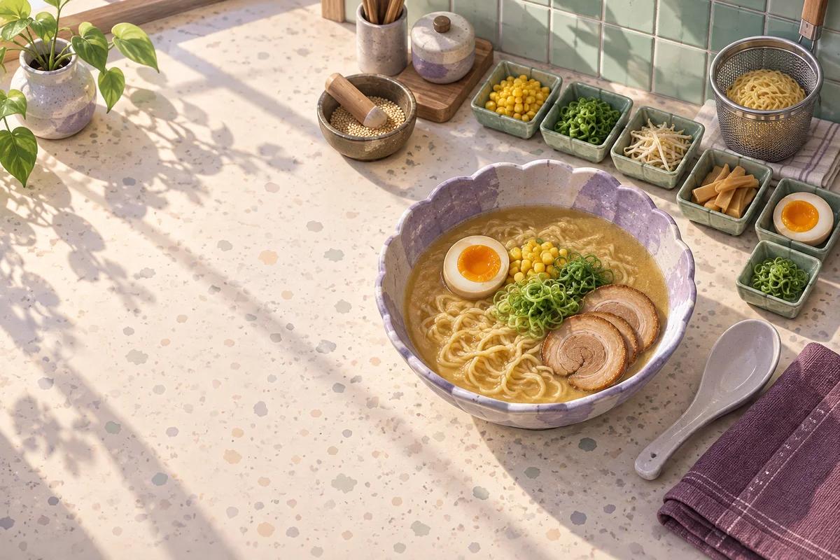 A lavender ramen bowl with golden noodles and fresh toppings on a sunlit terrazzo workbench